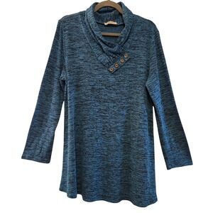 Miusey Women's 2XL Lagenlook Teal Blue‎ Space Dye Cowl Neck Button Accent Top
